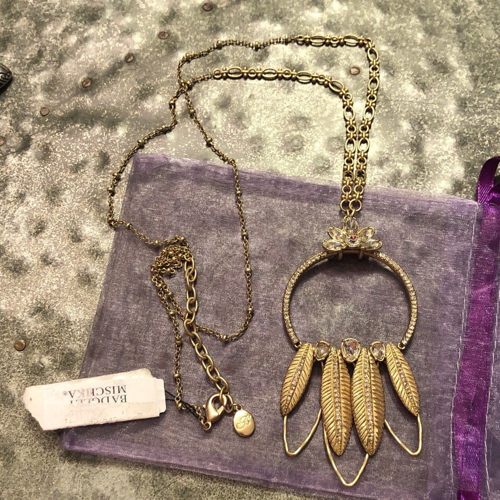 Badgley Mischka Gold Feather Hoop Pendant Necklace with Crystals